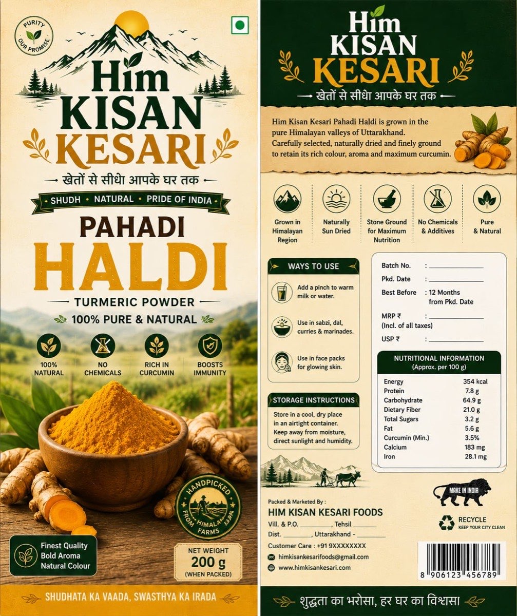 Him Kisan Kesari Pahadi Haldi turmeric powder pack — front and back label